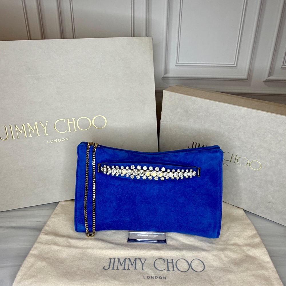 Jimmy Choo Venus Electric Blue Suede Clutch | Crystal Embellished | New